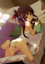  1girl absurdres ass barefoot blush brown_eyes brown_hair casual_nudity controller couch eyebrows feet game_controller gamepad hair_ribbon highres holding houmitsu loli long_hair looking_at_viewer looking_back lying nude on_stomach one-piece_tan original parted_lips pillow playstation_controller ribbon scan sidelocks soles solo sunlight tan tanline toe_scrunch toenails toes towel window  rating:Explicit score:219 user:danbooru