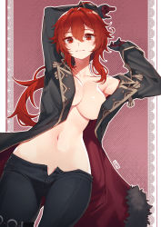  1girl ahoge arm_behind_head arm_up artist_name black_coat black_gloves black_pants border breasts cleavage closed_mouth coat collarbone commentary_request cowboy_shot diluc_(genshin_impact) fur-trimmed_coat fur_trim genderswap genderswap_(mtf) genshin_impact gloves hair_between_eyes hair_intakes hand_up highres jjune lace lace_border large_breasts light_blush long_hair long_sleeves looking_at_viewer navel no_bra open_clothes open_coat open_fly ornate_border outline outside_border pants red_background red_eyes red_gloves red_hair single_bare_shoulder solo stomach two-tone_gloves white_border white_outline  rating:Sensitive score:80 user:danbooru
