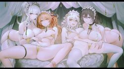  4girls ;d absurdres ass bikini black_hair breast_press breasts detached_collar highres huge_breasts large_breasts long_hair looking_at_viewer maid_headdress multiple_girls one_eye_closed open_mouth orange_hair original persimmonszzz short_hair side-tie_bikini_bottom smile spread_legs swimsuit thighhighs thighlet white_hair white_thighhighs  rating:Sensitive score:11 user:danbooru