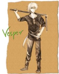  armor belt highres male_focus mirage_noir monochrome sketch staff tagme vesper_(mirage_noir) white_hair 