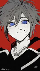  1boy blood blood_on_face blue_eyes hair_between_eyes hat_babo highres kingdom_hearts looking_at_viewer male_focus nosebleed portrait red_background ringed_eyes short_hair sketch solo sora_(kingdom_hearts) spiked_hair spot_color twitter_username 
