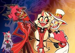  2boys 2girls alastor_(hazbin_hotel) angry antlers blonde_hair bow bowtie cane charlie_morningstar coattails colored_sclera colored_skin doily father_and_daughter formal gloves gradient_background grey_skin hair_bow hands_on_own_hips hat hazbin_hotel horns long_hair lucifer_morningstar_(hazbin_hotel) multicolored_background multiple_boys multiple_girls niji_(shihio) pinstripe_pattern pinstripe_suit projected_inset red_eyes sharp_teeth skirt suit teeth thighhighs top_hat uniform vaggie waistcoat white_skin yellow_sclera 