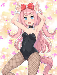  1girl agnes_digital_(umamusume) alternate_costume animal_ears armpits arms_up blue_eyes blush breasts cleavage collarbone fishnet_pantyhose fishnets heart heart_background highres horse_ears leotard minazuki_minao open_mouth pantyhose pink_hair playboy_bunny rabbit_pose ribbon small_breasts solo teeth umamusume upper_teeth_only 