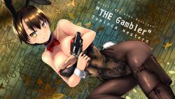  1girl animal_ears back-seamed_legwear bare_shoulders black_eyes black_hair black_leotard black_pantyhose bow bowtie breasts cleavage closed_mouth colt_1860_army commentary copyright_name detached_collar dutch_angle english_commentary english_text fake_animal_ears fake_tail gun handgun highleg highleg_leotard highres holding holding_gun holding_weapon holster large_breasts leotard looking_at_viewer on_one_knee pantyhose playboy_bunny print_leotard rabbit_ears rabbit_tail red_bow red_bowtie revolver seamed_legwear short_hair smile solo tail tapioca_western thigh_holster tokihama_jirou weapon wrist_cuffs 
