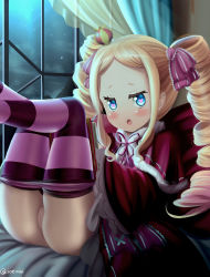 10s 1girl :o animal_print beatrice_(re:zero) blonde_hair blue_eyes blush book butterfly-shaped_pupils butterfly_print capelet cleft_of_venus clothes_pull crown curtains dkoro drill_hair female_focus hair_ribbon highres legs_up loli long_hair looking_at_viewer mini_crown pantyhose pantyhose_pull pink_ribbon pussy re:zero_kara_hajimeru_isekai_seikatsu ribbon solo striped_clothes striped_pantyhose symbol-shaped_pupils twin_drills uncensored window rating:Explicit score:264 user:Domestic_Importer