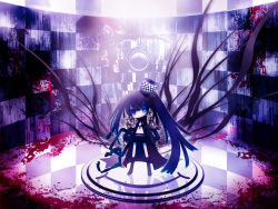 +_+ 10s 1girl belt bikini bikini_top_only black_hair black_rock_shooter black_rock_shooter_(character) blood blue_eyes boots chain checkered_floor chibi coat female_focus flat_chest front-tie_top gloves glowing glowing_eyes goth_fashion hat hood hooded_jacket jacket knee_boots long_hair midriff pale_skin puti_devil scar shorts smiley_face solo star_(symbol) swimsuit twintails uneven_twintails very_long_hair  rating:Sensitive score:8 user:danbooru