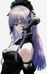  1girl au_ra bare_shoulders black_dress black_horns black_scales breasts cleavage commentary_request dragon_girl dragon_horns dress final_fantasy final_fantasy_xiv frilled_hairband frills grey_eyes grey_hair hairband heart highres hime_cut horns looking_at_viewer maho_moco pout scales simple_background small_breasts solo warrior_of_light_(ff14) white_background 