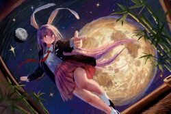  1girl aiming aiming_at_viewer animal_ears bamboo black_footwear black_jacket blazer closed_mouth commentary_request dutch_angle finger_gun foot_out_of_frame full_moon hair_between_eyes highres huge_moon jacket long_hair long_sleeves looking_at_viewer moon multiple_moons necktie open_clothes open_jacket pink_skirt pleated_skirt purple_hair rabbit_ears rabbit_girl red_eyes red_necktie reisen_udongein_inaba satellitedragon shoes skirt socks solo star_(sky) touhou very_long_hair white_socks 