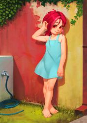  1girl alkemanubis bare_shoulders barefoot blue_dress child collarbone dress feet flat_chest grass highres hose long_hair looking_at_viewer multicolored_hair original pink_hair ponytail red_eyes red_hair short_hair sleeveless sleeveless_dress smile solo streaked_hair toes wall  rating:Sensitive score:235 user:danbooru
