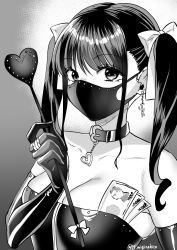  1girl banknote bdsm belt_collar bondage bound collar commentary_request dominatrix elbow_gloves femdom gloves greyscale hair_between_eyes hair_ornament hair_tassel heart highres holding holding_money holding_riding_crop latex looking_at_viewer mask miginohito_mitsuru money monochrome mouth_mask original riding_crop solo tassel tassel_hair_ornament tucked_money whip  rating:Questionable score:61 user:danbooru