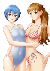  1girl alternate_costume ass ass_grab ayanami_rei bare_legs bare_shoulders bikini bikini_under_clothes blue_eyes blue_hair breasts breasts_squeezed_together cleavage covered_navel curvy fingernails grabbing_own_ass hand_on_own_hip highleg highleg_bikini highleg_swimsuit highres hug illust_aqua interface_headset large_breasts legs legs_together long_hair looking_at_viewer micro_bikini multicolored_bikini multicolored_clothes narrow_waist neon_genesis_evangelion official_alternate_costume one-piece_swimsuit red_bikini red_eyes short_hair side-tie_bikini_bottom small_breasts smile souryuu_asuka_langley string_bikini swimsuit thick_thighs thighs thong thong_bikini two_side_up very_long_hair waist_grab white_background white_bikini white_one-piece_swimsuit wide_hips 
