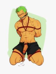  1boy abs arms_behind_back bara bluefriedchick blush crotch_bondage full_body gagged green_hair highres kneeling looking_at_viewer male_focus navel nipples one_piece pectorals penis precum pubic_stubble red_rope rope roronoa_zoro scar scar_across_eye shibari short_hair short_shorts shorts solo toned toned_male uncensored v-taper 