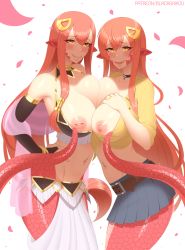  2girls areola_slip asymmetrical_docking belt belt_buckle blacksaikou blue_skirt breast_press breasts buckle choker cleavage closed_mouth fangs hair_between_eyes hair_ornament hair_tubes hairclip highres inverted_nipples lamia large_breasts long_hair looking_at_viewer miia&#039;s_mother miia_(monster_musume) mature_female mole mole_under_eye monster_girl monster_musume_no_iru_nichijou mother_and_daughter multiple_girls navel_piercing nipples one_breast_out open_mouth petals piercing pointy_ears red_hair sidelocks skirt slit_pupils smile tail yellow_eyes  rating:Questionable score:178 user:danbooru