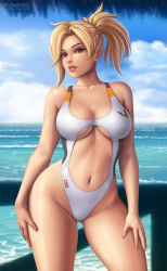 1girl blonde_hair breasts flowerxl hand_on_own_hip large_breasts mercy_(overwatch) one-piece_swimsuit overwatch overwatch_1 solo swimsuit thighs white_one-piece_swimsuit rating:Questionable score:85 user:jojosstand
