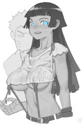  1boy 1girl 2023 absurdres ac120 aged_up belt belt_buckle blue_eyes blunt_bangs boruto:_naruto_next_generations boruto:_two_blue_vortex bracelet breasts buckle collarbone crop_top dated facial_mark father_and_daughter floral_print hand_in_pocket hand_on_another&#039;s_hip hand_on_own_hip highres imminent_undressing implied_incest incest jewelry large_breasts long_hair looking_at_viewer midriff monochrome naruto_(series) navel parted_lips sandals short_sleeves simple_background smile solo_focus spot_color standing teeth toes upper_body upper_teeth_only uzumaki_himawari uzumaki_naruto v whisker_markings white_background  rating:Sensitive score:113 user:MonsieurCinq