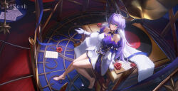  1girl aqua_eyes artist_name bare_legs bare_shoulders barefoot breasts commentary_request detached_sleeves dress feet gloves hair_intakes halo highres honkai:_star_rail honkai_(series) large_breasts ling_dianxia long_hair looking_at_viewer phonograph purple_hair record robin_(honkai:_star_rail) short_sleeves sidelocks sitting solo very_long_hair white_dress white_gloves 