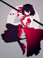  black_hair dress fishnets flower highres horns i&#039;m_the_grim_reaper multicolored_hair red_dress red_eyes red_footwear red_hair ribbon scar scar_on_chest scarlet_(i&#039;m_the_grim_reaper) scythe short_hair thighhighs thighs  rating:Sensitive score:4 user:FedExBex