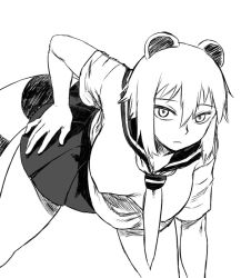 1girl animal_ears araiguma-san bent_over breasts covered_erect_nipples expressionless greyscale hand_on_own_hip hanging_breasts huge_breasts large_breasts looking_at_viewer monochrome original pleated_skirt raccoon_ears raccoon_tail school_uniform serafuku short_hair simple_background skirt solo tail tsukudani_(coke-buta) white_background rating:Sensitive score:18 user:BlueBaroness