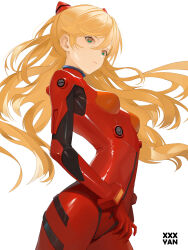  1girl :| absurdres artist_name black_bodysuit bodysuit breasts closed_mouth cowboy_shot green_eyes hair_between_eyes hair_ornament highres interface_headset long_hair multicolored_bodysuit multicolored_clothes neon_genesis_evangelion orange_hair pilot_suit plugsuit red_bodysuit simple_background small_breasts solo souryuu_asuka_langley test_plugsuit two_side_up white_background xxxyan 
