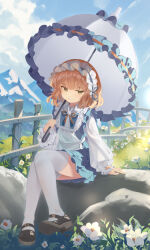  1girl absurdres apron bing_nuan_nuan black_footwear blonde_hair blue_dress blue_hairband blue_sky brown_eyes brown_ribbon closed_mouth cloud collared_shirt commentary_request dress fence flower frilled_hairband frilled_umbrella frills full_body grass hairband highres hina_momo holding holding_umbrella lolita_fashion looking_at_viewer mahjong_soul maid_apron medium_bangs mountainous_horizon neck_ribbon outdoors parasol ribbon rock shirt shoes short_hair sky smile solo standing thighhighs umbrella wavy_hair white_flower white_shirt white_thighhighs white_umbrella wooden_fence 