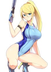  1girl adapted_costume armlet backlighting bare_shoulders blonde_hair blue_eyes blue_one-piece_swimsuit blush breasts collarbone competition_swimsuit covered_navel fingerless_gloves full_body gloves green_eyes groin gun hair_between_eyes halcon handgun high_heels highres large_breasts leaning_to_the_side legs legs_apart long_hair metroid metroid:_zero_mission nintendo one-piece_swimsuit pistol ponytail samus_aran sidelocks simple_background skindentation solo squatting super_smash_bros. swept_bangs swimsuit thighs very_long_hair weapon white_background  rating:Sensitive score:123 user:danbooru