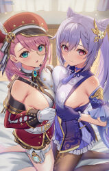  2girls armpit_crease belt black_pantyhose blue_gemstone blush breast_press breasts cabbie_hat charlotte_(genshin_impact) choker closed_mouth commentary_request cone_hair_bun cross-laced_clothes cross-laced_sleeves detached_sleeves diamond-shaped_pupils diamond_(shape) double_bun dress frilled_gloves frilled_skirt frills gem genshin_impact gloves gold_trim_bow green_eyes hair_bun hair_ears hat hat_feather highres indoors keqing_(genshin_impact) kneeling lace-up_sleeves large_breasts looking_at_viewer monocle multiple_girls neck_tassel on_bed open_mouth pantyhose pink_eyes pink_hair ponnyu12 puffy_detached_sleeves puffy_sleeves purple_choker purple_dress purple_gloves purple_hair purple_sleeves red_hat red_sleeves shirt sideboob skirt sleeveless sleeveless_dress sleeveless_shirt symbol-shaped_pupils symmetrical_docking twintails twitter_username white_belt white_gloves white_shirt wide_sleeves 