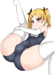1girl absurdres black_eyes blonde_hair blush breasts bulge covered_testicles elbow_gloves erection erection_under_clothes fingerless_gloves flat_chest futanari gloves hair_ornament hair_ribbon hairclip highres kim_wang_jang leg_hold leg_up legs_apart looking_at_viewer lying medium_hair on_back one-piece_swimsuit penis_in_swimsuit ribbon shirobako small_breasts solo swimsuit testicles thighhighs twintails white_gloves white_thighhighs yano_erika rating:Questionable score:249 user:Ren~chan