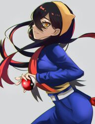  1girl black_hair blue_jacket blue_pants blueberry_academy_school_uniform carmine_(pokemon) colored_inner_hair creatures_(company) crossed_bangs eyelashes from_side game_freak gloves hair_between_eyes hairband highres holding holding_poke_ball jacket long_hair long_sleeves looking_at_viewer mole mole_under_eye multicolored_hair nintendo pants parted_lips poke_ball poke_ball_(basic) pokemon pokemon_sv red_gloves red_hair school_uniform single_glove solo two-tone_hair white_background yellow_eyes yellow_hairband yuuki510510 