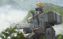  1girl absurdres ahoge belt bike_shorts blonde_hair blue_eyes boots braid breasts commentary day dress english_commentary gatling_gun grey_dress helldivers_(series) highres indie_virtual_youtuber long_hair looking_at_viewer mecha medium_breasts minigun missile_pod open_mouth outdoors robot sitting sky smile solo thigh_boots tree v very_long_hair whiskey_project xerbatt  rating:General score:13 user:danbooru
