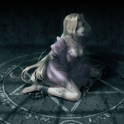 1girl bdsm blonde_hair blood blue_eyes bondage bound breasts chain cleavage filia_ul_copt kmj7977 long_hair magic_circle open_mouth restrained slayers slayers_try torn_clothes rating:Questionable score:46 user:z0_0d