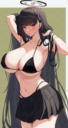  1girl absurdres bikini black_bikini black_hair black_skirt blue_archive blush breasts collarbone commentary cowboy_shot hair_ornament hairclip halo hands_in_hair highres large_breasts long_hair looking_at_viewer miniskirt navel ni_tamago_sando parted_lips pleated_skirt red_eyes rio_(blue_archive) skirt solo stomach strap_gap swimsuit very_long_hair 