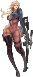1girl amy_razor blonde_hair bodysuit boots breasts catsuit center_opening cleavage curvy dual_wielding earrings full_body game_cg gun hair_between_eyes handgun highres holding jewelry large_breasts last_origin looking_at_viewer official_art purple_eyes rifle rorobomb skin_tight sniper_rifle solo tachi-e thigh_boots thighhighs transparent_background weapon wide_hips zipper rating:Sensitive score:49 user:danbooru