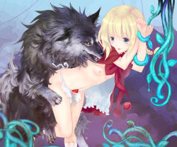  1girl bad_id bad_pixiv_id bestiality big_bad_wolf blonde_hair braid flat_chest furayu_(flayu) green_eyes grimm&#039;s_fairy_tales grinding little_red_riding_hood little_red_riding_hood_(grimm) loli nukarumi pee peeing peeing_self penis ponytail single_braid solo solo_focus tentacles thigh_sex wolf  rating:Explicit score:241 user:danbooru