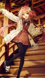 1boy astolfo_(fate) astolfo_(saber)_(fate) astolfo_(tour_outfit)_(fate) bag black_bow black_pantyhose bow cardigan cellphone dress fang fate/apocrypha fate/grand_order fate_(series) hair_bow hair_intakes handbag holding holding_phone konoe_ototsugu long_hair looking_at_viewer male_focus multicolored_hair official_alternate_costume open_mouth pantyhose phone pink_dress pink_hair purple_eyes skin_fang slippers smartphone smile solo stairs streaked_hair trap twintails very_long_hair white_cardigan white_hair 