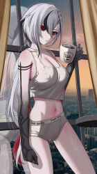  1girl absurdres alternate_costume arlecchino_(genshin_impact) bare_arms bare_shoulders black_eyes black_hair black_skin breasts cameltoe cleavage closed_mouth colored_skin commentary covered_erect_nipples cowboy_shot cup english_commentary genshin_impact gradient_skin grey_panties hair_between_eyes hand_up highres holding holding_cup indoors large_breasts long_hair looking_at_viewer multicolored_hair navel panties shirt sleeveless solo stomach streaked_hair symbol-shaped_pupils thighs torriet underwear very_long_hair white_hair white_shirt window x-shaped_pupils 