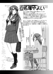  1girl arms_behind_back ass back bag blush book breasts chair character_name character_profile character_sheet classroom curtains desk embarrassed exhibitionism female_focus full_body glasses hair_ornament hair_ribbon highres holding indoors kneehighs knees legs letterboxed loafers long_hair long_image looking_at_viewer looking_away looking_back monochrome moriya_naoki naduka_yayoi nipples nude open_book open_mouth pleated_skirt public_indecency r-otome ribbon school school_bag school_uniform serafuku shirt shoes sitting skirt socks solo standing tall_image thighs uniform window  rating:Questionable score:26 user:Yuuno-Kun