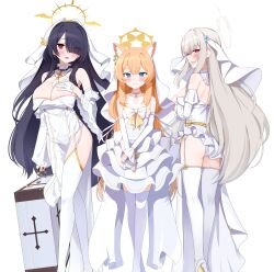  3girls alternate_costume animal_ear_fluff animal_ears ass bare_shoulders black_hair blue_archive blue_eyes bow breasts cleavage closed_mouth collar commentary_request daran9 detached_collar detached_sleeves dress dress_bow fox_ears from_behind gloves hair_over_one_eye halo highres hinata_(blue_archive) large_breasts light_brown_hair long_hair long_sleeves looking_at_viewer mari_(blue_archive) multiple_girls orange_hair parted_lips red_eyes sakurako_(blue_archive) sidelocks simple_background sisterhood_(blue_archive) small_breasts smile standing thighhighs white_background white_bow white_collar white_dress white_gloves white_thighhighs 