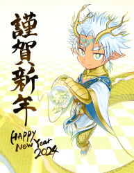 1boy 2024 antlers blue_footwear child chinese_clothes colored_skin commentary_request dragon_horns dragon_tail facial_mark happy_new_year horns male_focus new_year orange_skin original pointy_ears satou_(satohstc) scales smile tail tan translation_request white_hair