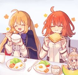 1boy 2girls :d ^_^ ahoge artoria_caster_(fate) artoria_caster_(second_ascension)_(fate) artoria_pendragon_(fate) blonde_hair blue_bow blue_cape blue_eyes bow bowl bowtie bread bread_slice breakfast cameo cantaloupe cape cherry_tomato chopsticks closed_eyes closed_mouth commentary cup dress eating egg_(food) fate/grand_order fate_(series) flower food fork fou_(fate) fried_egg fruit fujimaru_ritsuka_(female) fujimaru_ritsuka_(female)_(decisive_battle_chaldea_uniform) grey_hair hair_between_eyes highres holding holding_chopsticks holding_fork koromo_(osakana0525) lettuce long_hair long_sleeves mash_kyrielight medium_hair mini_person miniboy mug multiple_girls oberon_(fate) open_mouth orange_hair plate rice rice_bowl sausage short_hair sitting smile table toast tomato twintails white_dress 