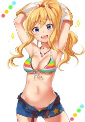  10s 1girl :d armpits arms_up belt bikini bikini_under_clothes blonde_hair blue_eyes blue_shorts blush breasts buckle cleavage clothes_lift color_guide commentary_request contrapposto cowboy_shot denim denim_shorts duplicate eyebrows flower front-tie_top grin groin hair_flower hair_ornament halterneck happy head_wreath highres idolmaster idolmaster_cinderella_girls idolmaster_cinderella_girls_starlight_stage jewelry long_hair looking_at_viewer medium_breasts multicolored_stripes navel necklace o-ring o-ring_top ohtsuki_yui open_belt open_fly open_mouth ponytail shiny_skin shirt_lift short_shorts shorts simple_background smile solo standing star_(symbol) star_print stomach string_bikini striped_bikini striped_clothes swimsuit swimsuit_under_clothes takeashiro teeth unbuckled unbuttoned underboob undressing unzipped wavy_hair white_background zipper zipper_pull_tab  rating:Sensitive score:66 user:danbooru