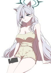  1girl ahoge alternate_costume animal_ear_fluff animal_ears arm_at_side arm_support bare_arms black_halo blue_archive breasts bright_pupils camisole cellphone cleavage collarbone commentary_request cowboy_shot curvy extra_ears eyelashes eyes_visible_through_hair green_eyes grey_hair hair_behind_ear hair_between_eyes hair_over_shoulder halo holding holding_phone koganei large_breasts long_hair loungewear mismatched_pupils open_mouth phone shiroko_(blue_archive) shiroko_terror_(blue_archive) simple_background sitting smartphone solo spaghetti_strap thighs tsurime very_long_hair white_background white_pupils wolf_ears yellow_camisole 