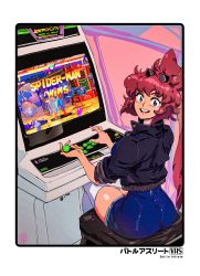  1990s_(style) 1girl animal_ears arcade_cabinet astro_city babs_(battle_athlete) blue_dress blue_eyes border borrowed_character breasts brown_hair commentary copyright_name crossed_legs david_liu dress english_commentary eyewear_on_head fingernails from_behind highres jacket large_breasts leather leather_jacket looking_back marvel marvel_super_heroes_vs._street_fighter playing_games rabbit_ears red-framed_eyewear retro_artstyle short_dress short_hair sitting smile solo spider-man_(series) stool sunglasses teeth thighhighs thighs turning_head upper_teeth_only very_long_ears video_game white_border white_thighhighs x-men zettai_ryouiki 