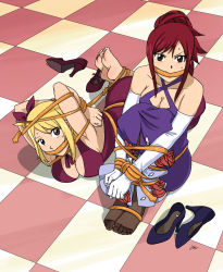  2girls angry armpits bare_shoulders barefoot bdsm bondage bound breasts cleavage collarbone dress elbow_gloves erza_scarlet fairy_tail feet gloves high_heels highres hogtie large_breasts looking_at_viewer lost_one_zero lucy_heartfilia multiple_girls shoes unworn_shoes toes  rating:Questionable score:36 user:Yesallcops