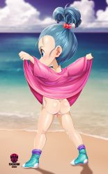  1girl artist_logo artist_name ass beach beads blue_eyes blue_hair blush bra_(dragon_ball) cleft_of_venus clenched_hands closed_mouth clothes_lift cloud collarbone dragon_ball dragonball_z dress dress_lift eyelashes female_focus from_behind full_body gluteal_fold hair_beads hair_ornament highres horizon kneepits lifting_own_clothes loli nape no_panties outdoors outstretched_arms pink_dress pussy sand shadow shiny_skin shoreline short_hair sky smile solo spread_legs standing thighs tlacuicani topknot water  rating:Explicit score:151 user:Lolicon97