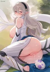  1girl absurdres anus ass blush breasts corrin_(female)_(fire_emblem) corrin_(fire_emblem) dragon_girl egg egg_laying fire_emblem fire_emblem_fates foot_out_of_frame grey_hair hair_between_eyes hairband highres large_breasts legs long_hair looking_at_viewer nintendo nipples no_shoes norza pointy_ears puffy_nipples pussy red_eyes soles solo stirrup_legwear tail toeless_legwear toes uncensored  rating:Explicit score:392 user:danbooru
