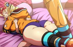  1boy 1girl ass bed between_breasts blonde_hair breasts freckles highres hug huge_ass jacket large_breasts long_hair lying lying_on_person mosbles on_bed on_stomach one_piece orange_jacket revealing_clothes shiny_skin sleeping twintails vegapunk_york 