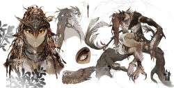  1boy animal_feet armlet artist_logo artist_name bird_boy bird_legs black_eyes bowl bracelet branch brown_feathers brown_hair character_sheet closed_mouth colored_sclera commentary_request deviantart_username dreadlocks earrings feather_hair feathers full_body fur-tipped_tail hair_ornament head_tilt head_wings highres holding jewelry long_hair long_tail looking_at_viewer looking_to_the_side looking_up male_focus monster_boy multiple_views necklace original owl_boy ponytail ring russian_commentary sitting tail talons twitter_username very_long_hair vkontakte_username white_background whitecatart wings yellow_sclera 