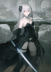  1girl asymmetrical_legwear black_coat black_dress black_flower black_footwear black_gloves black_rose black_thighhighs breasts cinkai cleavage coat commentary cowboy_shot cropped crossed_bangs detached_collar dress elbow_gloves english_commentary english_text flower gloves grey_hair hair_between_eyes hair_flower hair_ornament holding holding_sword holding_weapon jewelry lace_dress legs long_hair looking_at_viewer medium_breasts plant rose ruins snow snowing solo standing strapless strapless_dress sword thigh_strap thighhighs thighs twitter_username very_long_hair weapon winter 