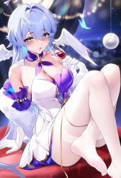  1girl alcohol aqua_hair ass bare_shoulders blue_eyes blue_hair blush breasts bug butterfly cleavage commentary_request cup detached_collar dress drinking_glass fantongjun feet gloves hair_between_eyes halo head_wings highres holding holding_cup honkai:_star_rail honkai_(series) insect jpeg_artifacts large_breasts looking_at_viewer multicolored_hair no_shoes open_mouth paid_reward_available pantyhose robin_(honkai:_star_rail) sidelocks sitting soles solo toes two-tone_hair white_dress white_gloves white_pantyhose wine wine_glass wings 
