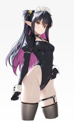  1girl artist_name black_hair blush breasts brown_eyes choker closed_mouth covered_navel earrings elf gloves gradient_background hair_ornament highleg highleg_leotard highres jewelry leotard long_hair looking_at_viewer maid_headdress mary_(siino) multicolored_hair original pointy_ears puffy_sleeves purple_hair revision ribbon shiny_skin sidelocks signature siino simple_background small_breasts thighhighs thighs wrist_cuffs  rating:Sensitive score:9 user:danbooru